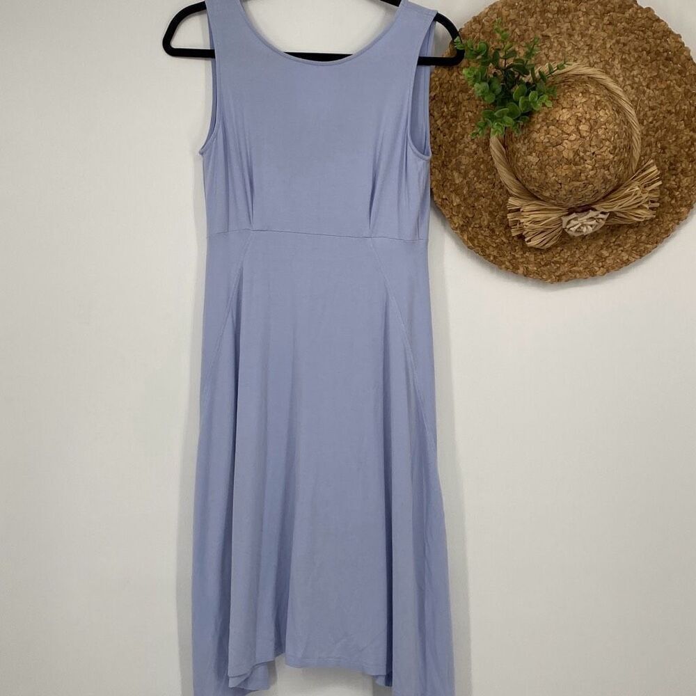 Eileen Fisher Viscose Jersey Bateau Neck Coastal Fit& Flare MIDI Dress Blue S